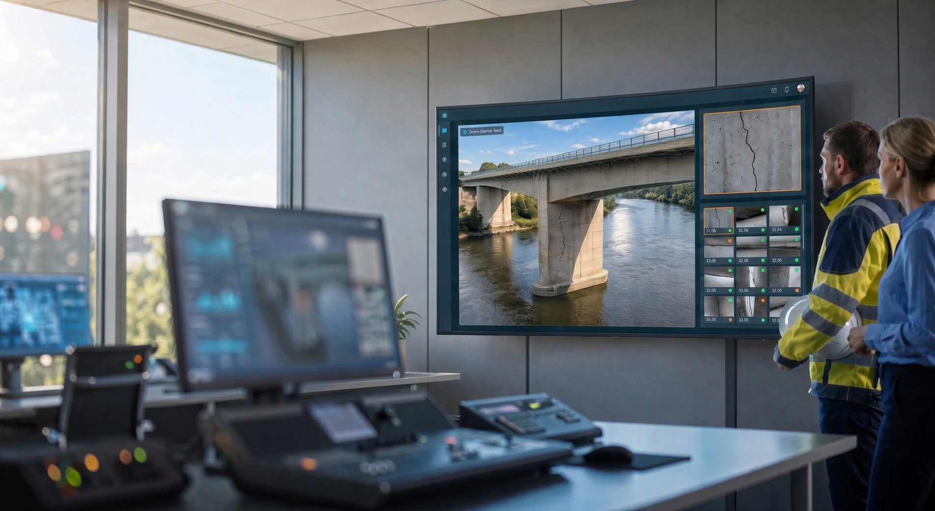 Engineers in a daylight control room reviewing a drone inspection of a bridge column on a wall screen